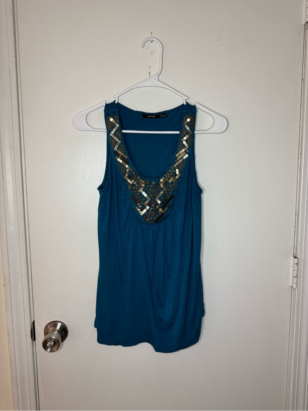 Apt. 9 Teal Sleeveless Tank with Gold Sequin V-Neck